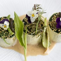 Spinach rolls wrapped in yuba skin with ginger sesame sauce