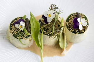 Spinach rolls wrapped in yuba skin with ginger sesame sauce