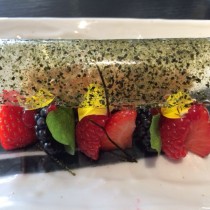 nori-infused white chocolate parfait with anori panko nougatine, berries