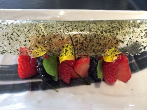 nori-infused white chocolate parfait with anori panko nougatine, berries