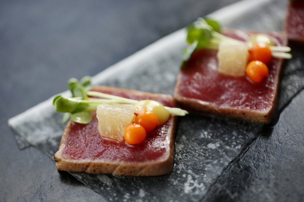 aqua kyoto tuna tataki with braised daikon and sea buckthorn berry