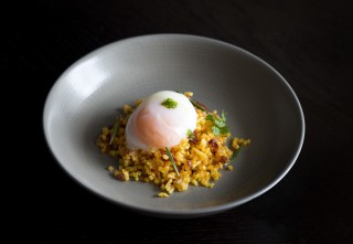 Soft Poached Egg with Chorizo Pancetta Fried potatoes