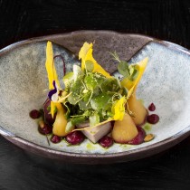 soya baby beetroot salad, miso egg wafers, roast pine nuts