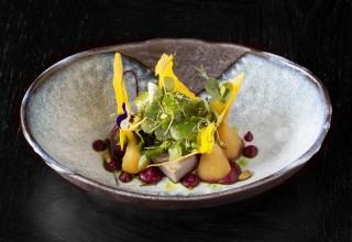 soya baby beetroot salad, miso egg wafers, roast pine nuts