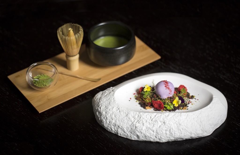 bergamot tea panna cotta 'forest floor', green tea crumble, violet ice cream with JING Matcha Tea