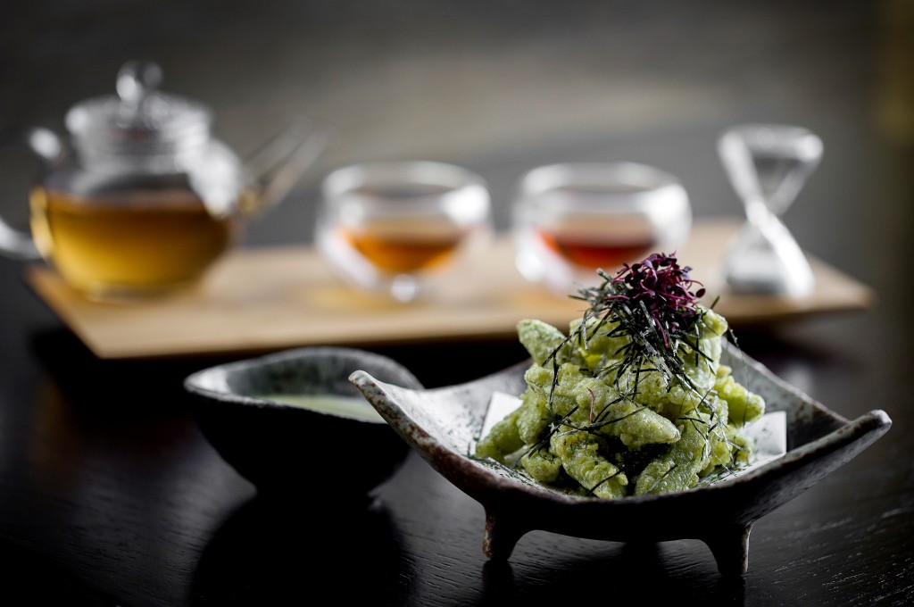 sencha tea asparagus tempura, wasabi sauce with JING Darjeeling 1st Flush